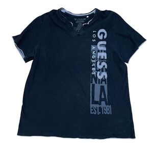 Mens' Large Y2K Guess Los Angeles LA Est 1981 Graphic V Neck Cotton TShirt Black